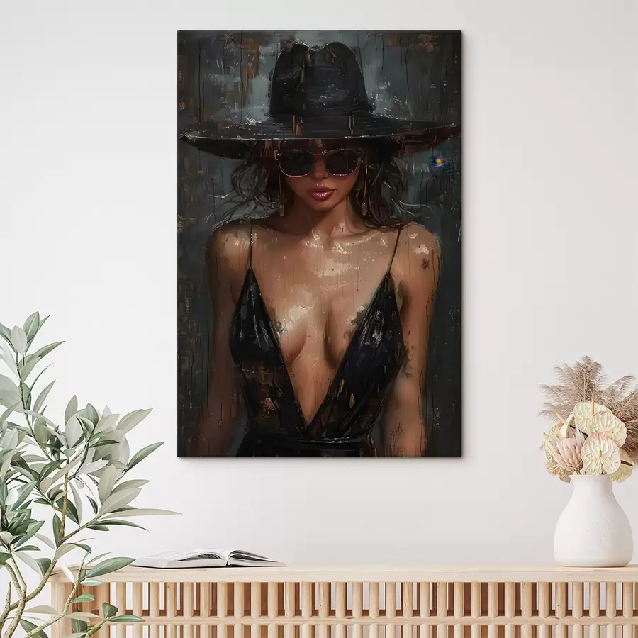 Glezna Meitene melnā kleitā un melnā cepurē s40441