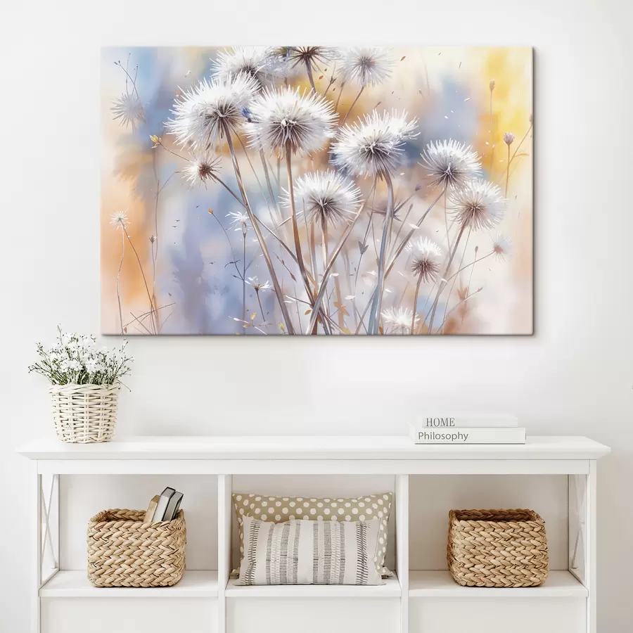 Fototapetes Pūkaini balti pienenes ziedi uz neskaidra akvareļa fona ar siltu apgaismojumu s40541