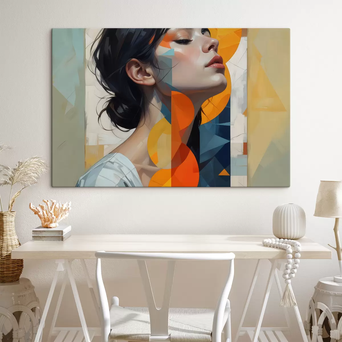 Glezna Abstrakta glezna, kurā attēlota sieviete ar gariem, tumšiem matiem, tērpta baltā kreklā ar krāsainu ģeometrisku apdruku s40543