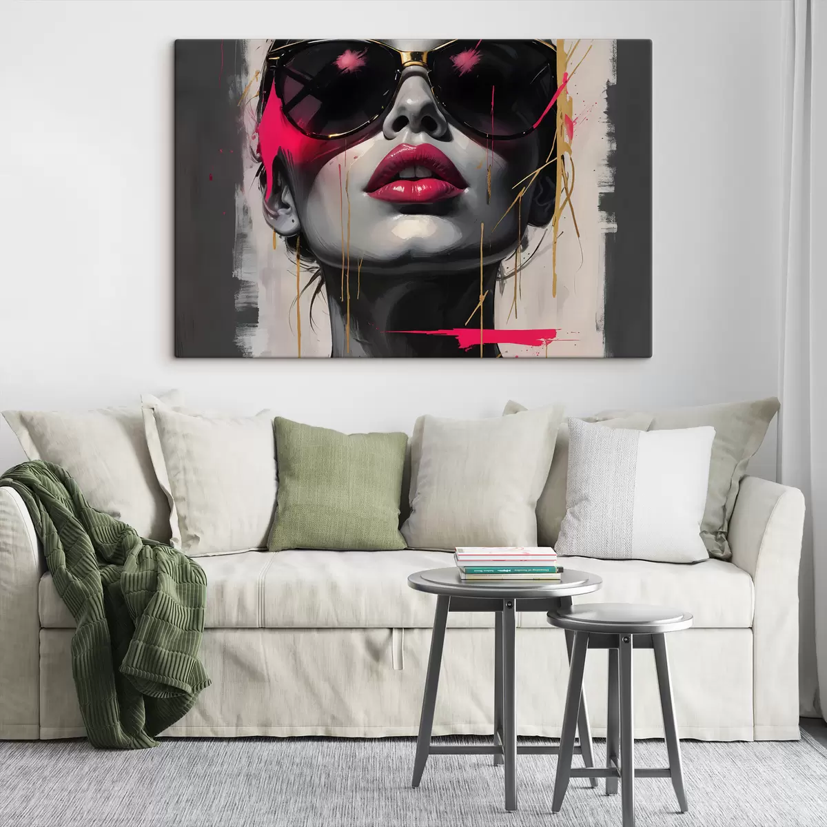Glezna Abstrakts jaunas sievietes portrets saulesbrillēs ar rozā lūpām un abstraktām formām un rozā krāsas šļakatām  s40558