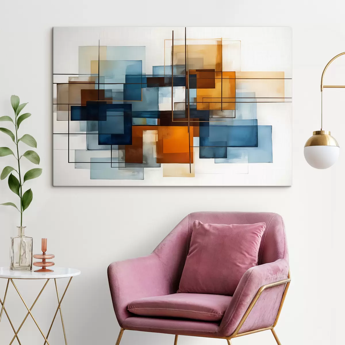 Glezna Abstraktas ģeometriskas formas zilos, oranžos un brūnos toņos veido modernu minimālisma kompozīciju s40563