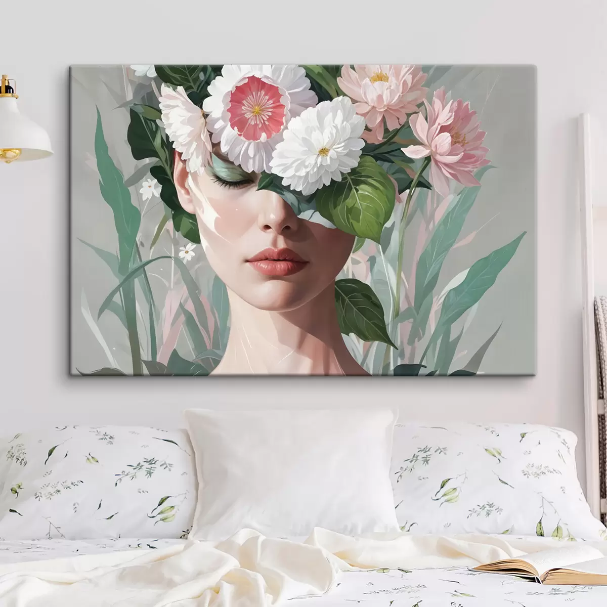 Glezna Sieviete, kuru daļēji aizsedz lielu rozā un baltu ziedu pušķis uz zaļa, lapu fona s40567