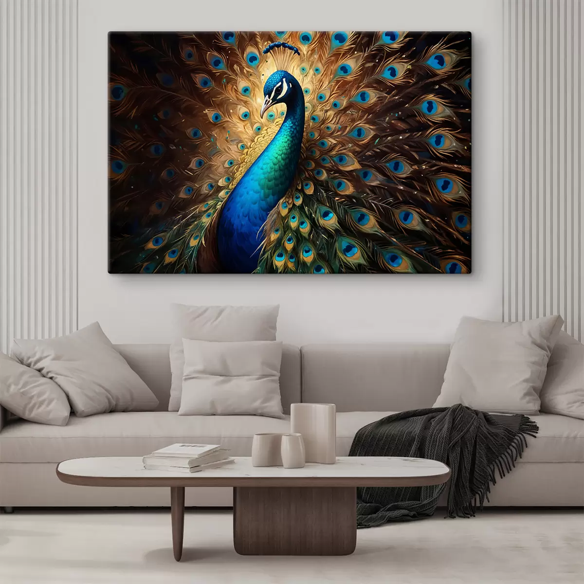 Glezna Dzīvīgs pāvs ar pilnībā izliktām spalvām, kas demonstrē savu satriecošo zilo, zaļo apspalvojumu s40571