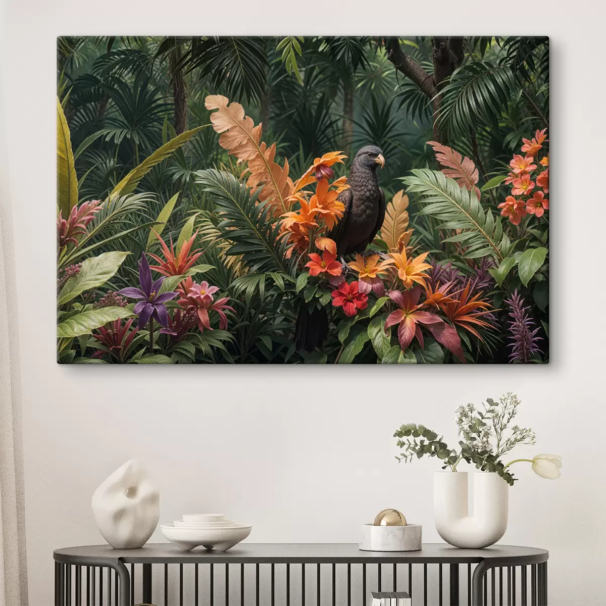 Glezna Tropu putns, kas atrodas uz zara, ko ieskauj dinamiskas lapotnes, palmu lapas, ziedi un eksotiski augi s40578