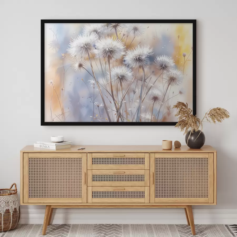 Fototapetes Pūkaini balti pienenes ziedi uz neskaidra akvareļa fona ar siltu apgaismojumu f40541