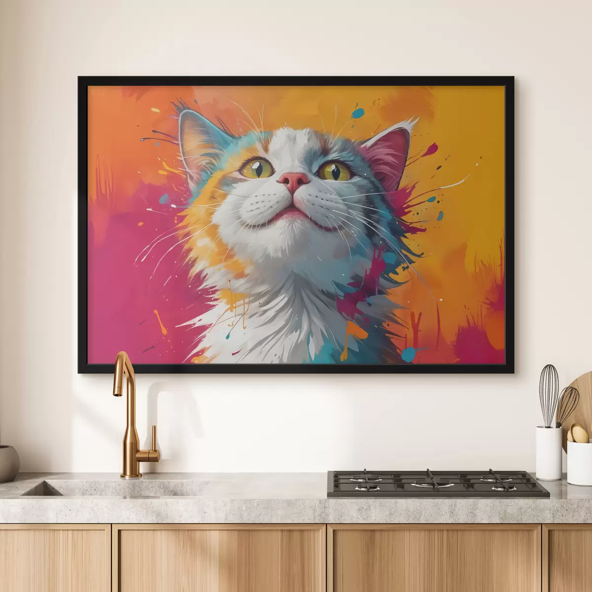 Plakāts Balta un oranža kaķa tuvplāna portrets ar košām, krāsainām krāsas šļakatām f40547