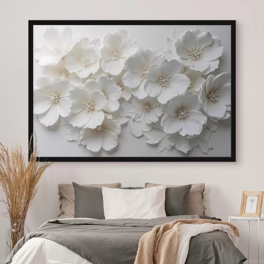 Fototapetes Balti ziedi ar smalkām ziedlapiņām, kas sakārtotas skaistā ziedu rakstā uz gaiša fona f40548