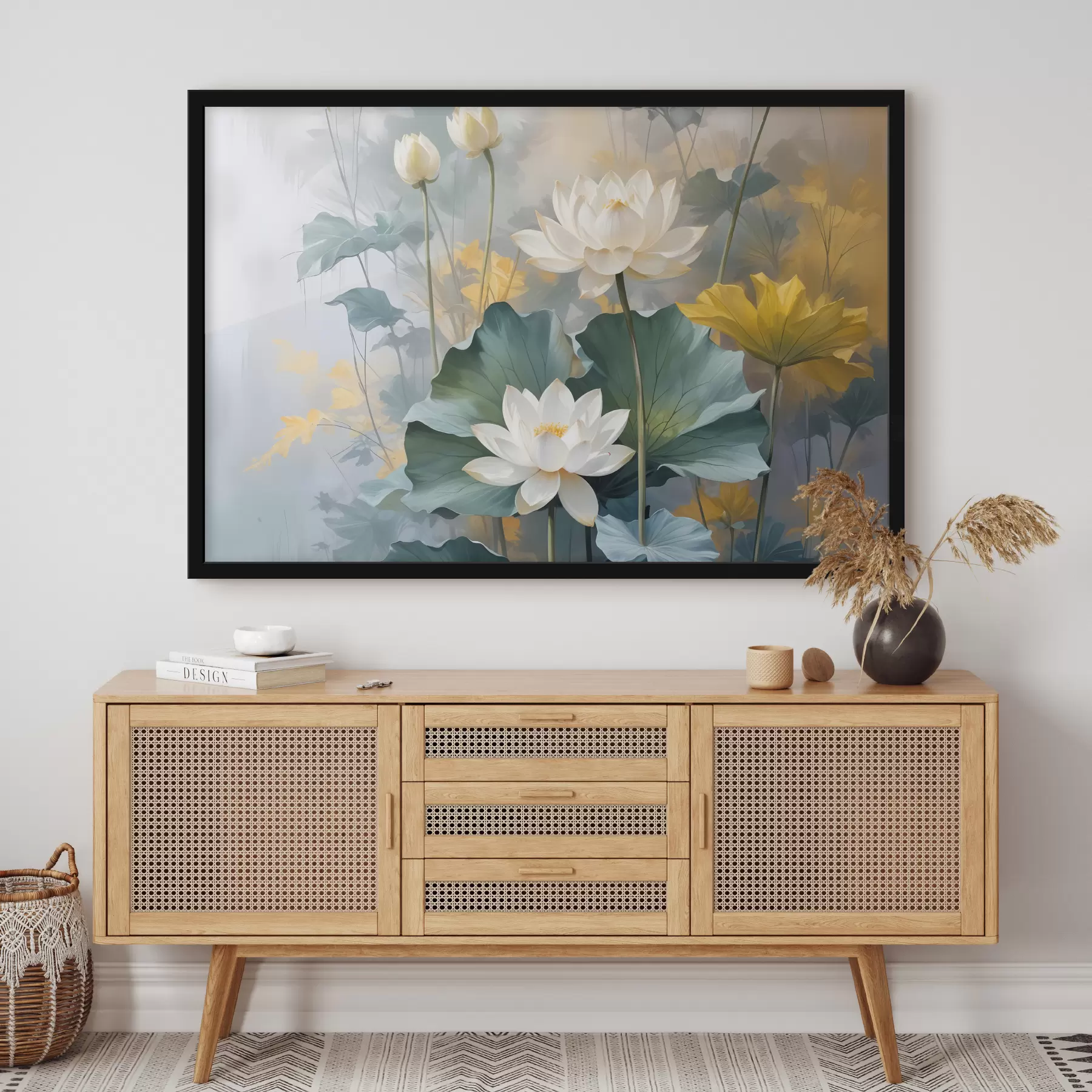 Fototapetes Balti lotosa ziedi dīķī ar zaļiem liliju spilventiņiem, ko ieskauj dzelteni ziedi un izplūdis fons f40559