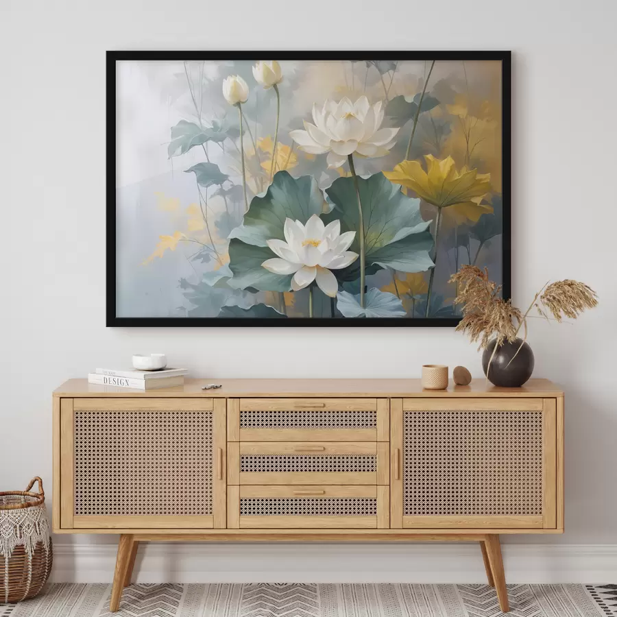 Fototapetes Balti lotosa ziedi dīķī ar zaļiem liliju spilventiņiem, ko ieskauj dzelteni ziedi un izplūdis fons f40559