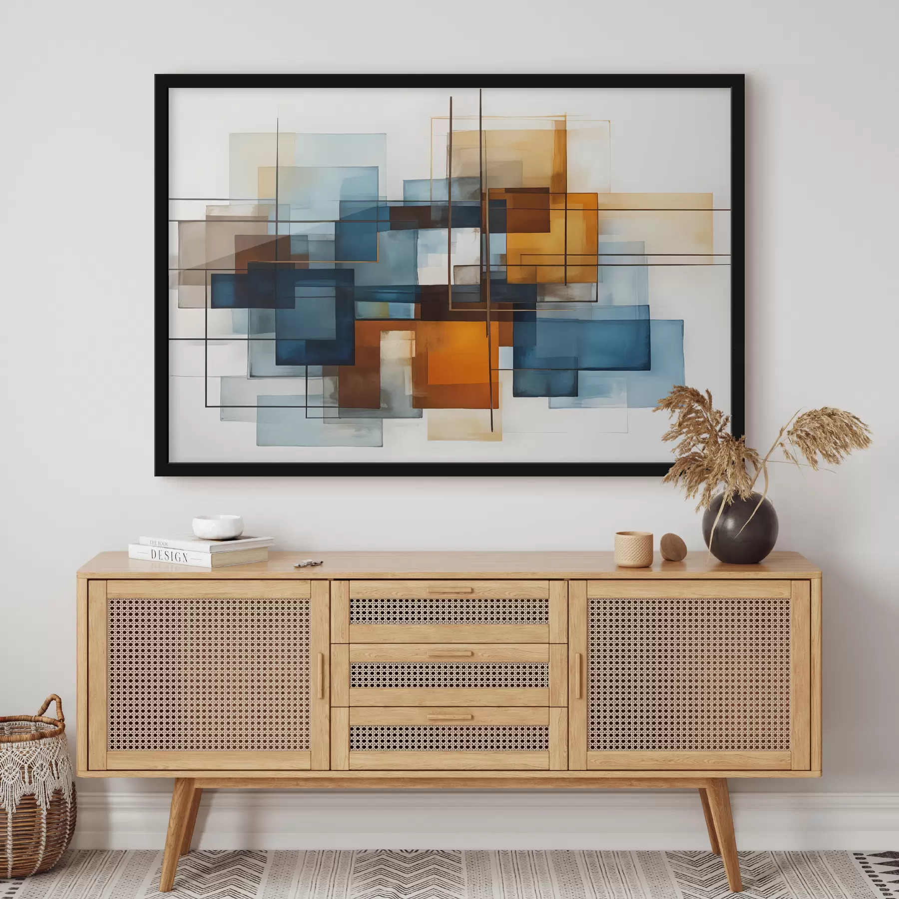 Fototapetes Abstraktas ģeometriskas formas zilos, oranžos un brūnos toņos veido modernu minimālisma kompozīciju f40563