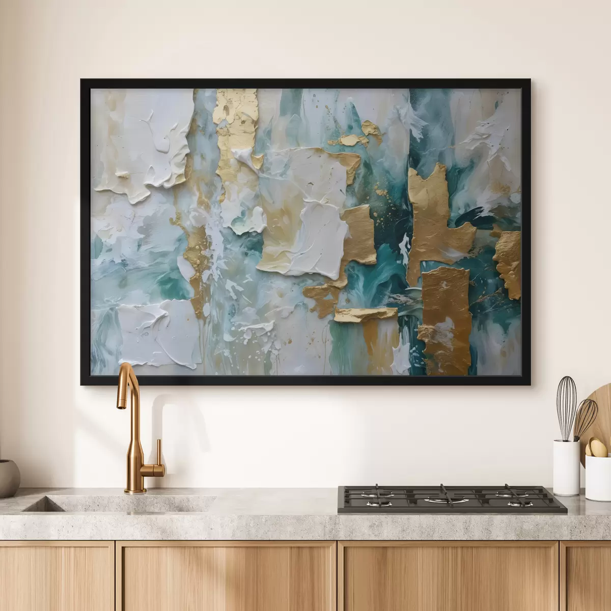 Plakāts Nolobīta krāsa ar baltu, zilu un dzeltenu krāsu slāņiem, radot abstraktu, teksturētu apdruku f40577