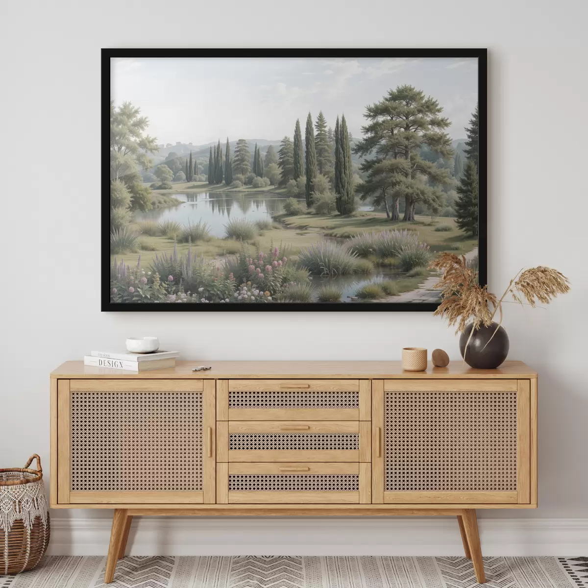 Plakāts Rāma ainava ar rāmu ezeru, ko ieskauj priedes, cipreses un cita lekna veģetācija f40579