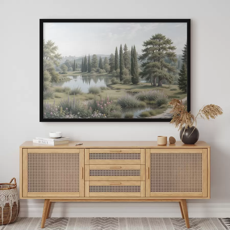 Fototapetes Rāma ainava ar rāmu ezeru, ko ieskauj priedes, cipreses un cita lekna veģetācija f40579