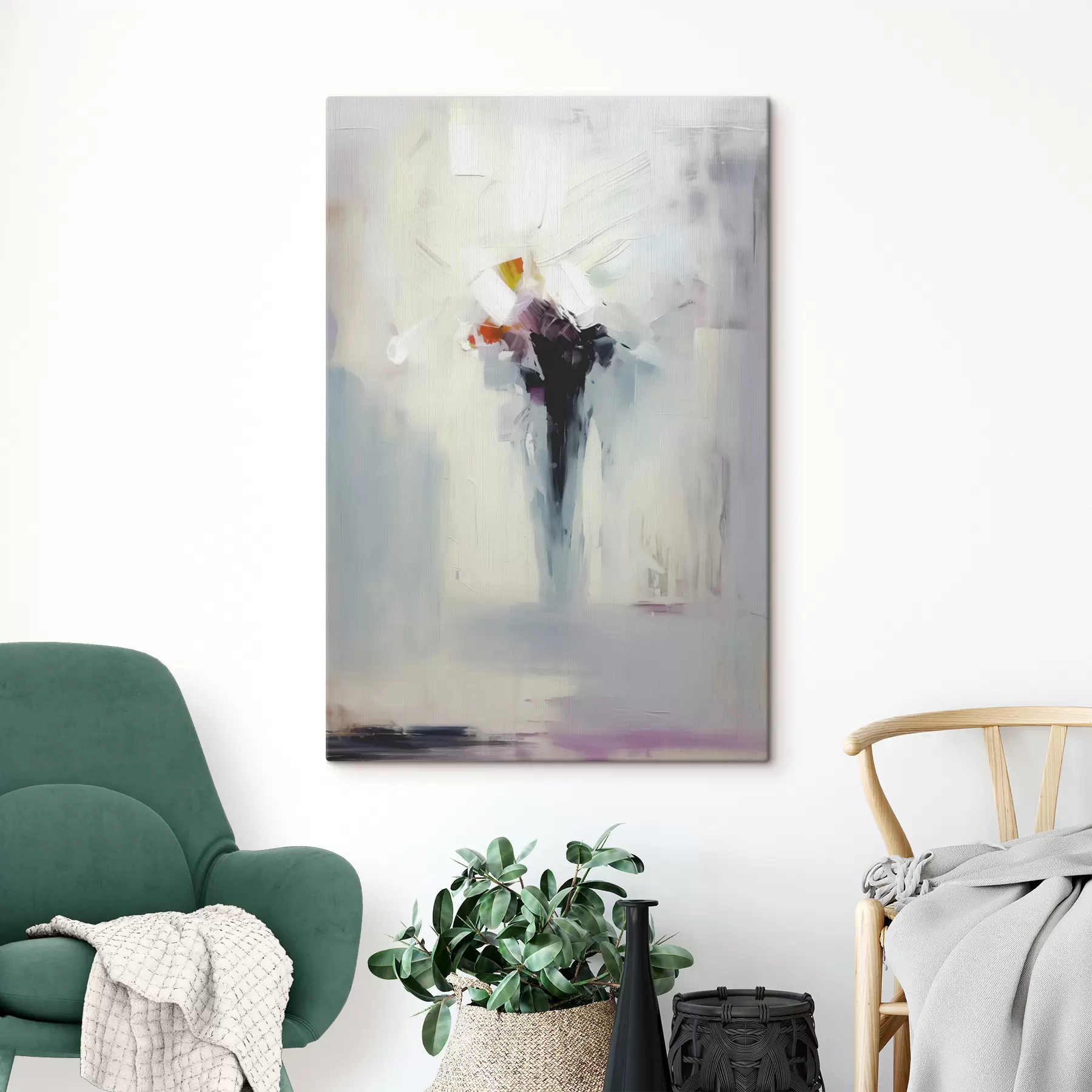 Fototapetes Astrālās abstrakcijas melns plankums uz balti pelēka fona, otas triepienu imitācija s40526