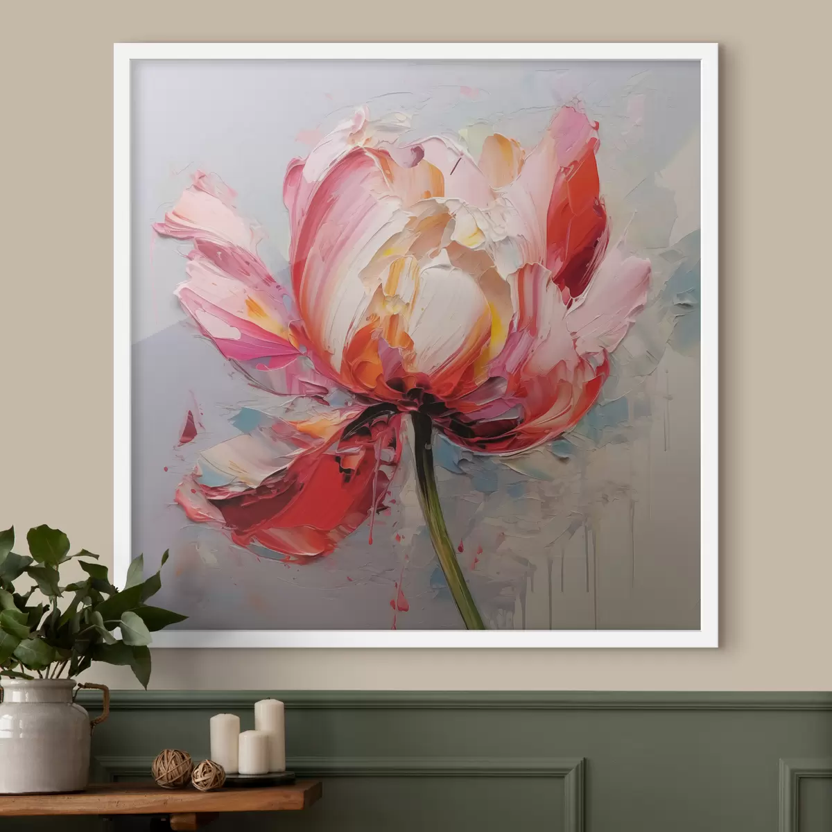 Plakāts Ziedoša tulpe, sarkana, rozā, pelēka krāsa f40519