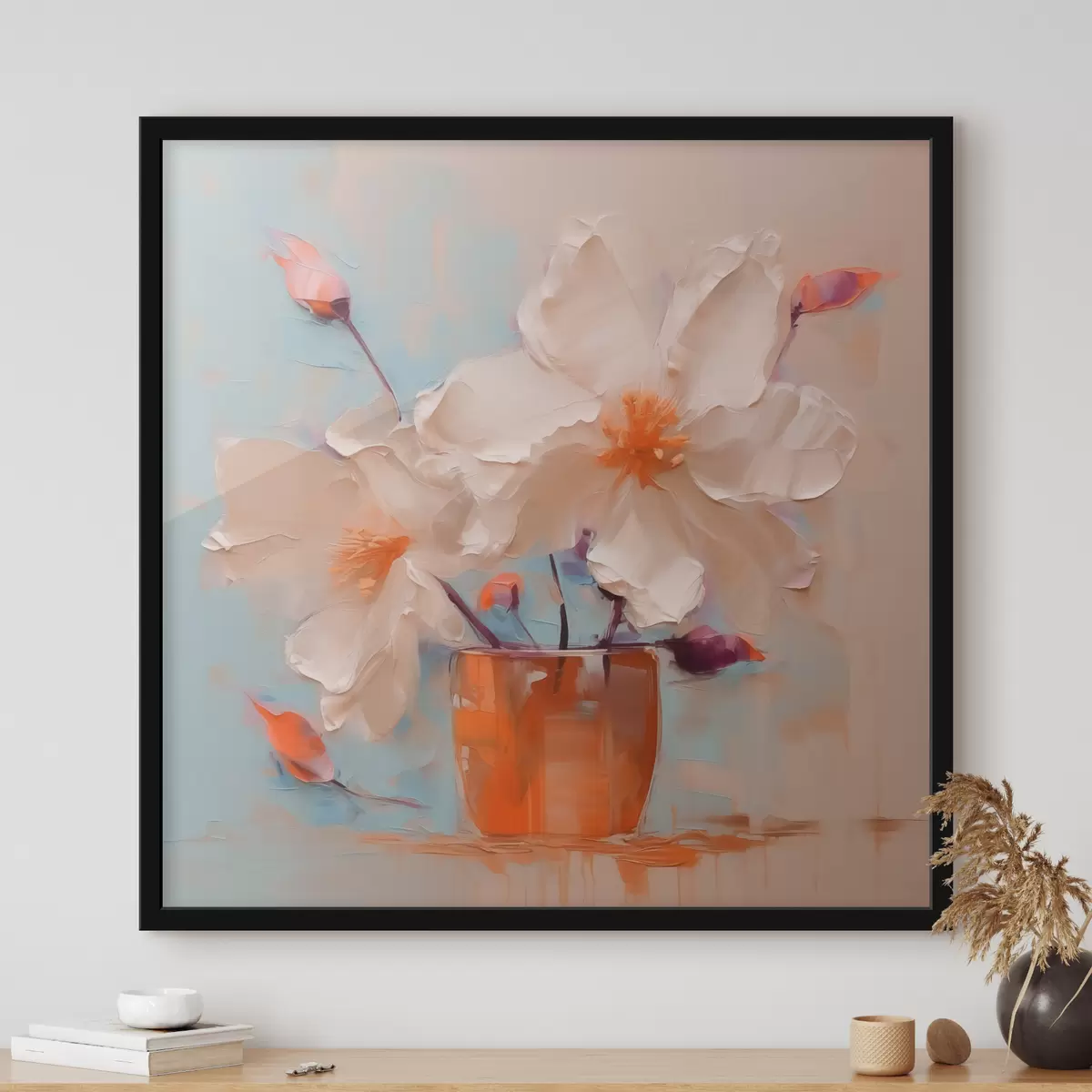Plakāts Narcises vāzē, baltas, oranžas, bēšas, zilas f40520