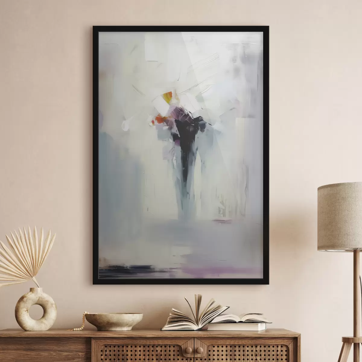 Plakāts Astrālās abstrakcijas melns plankums uz balti pelēka fona, otas triepienu imitācija f40526