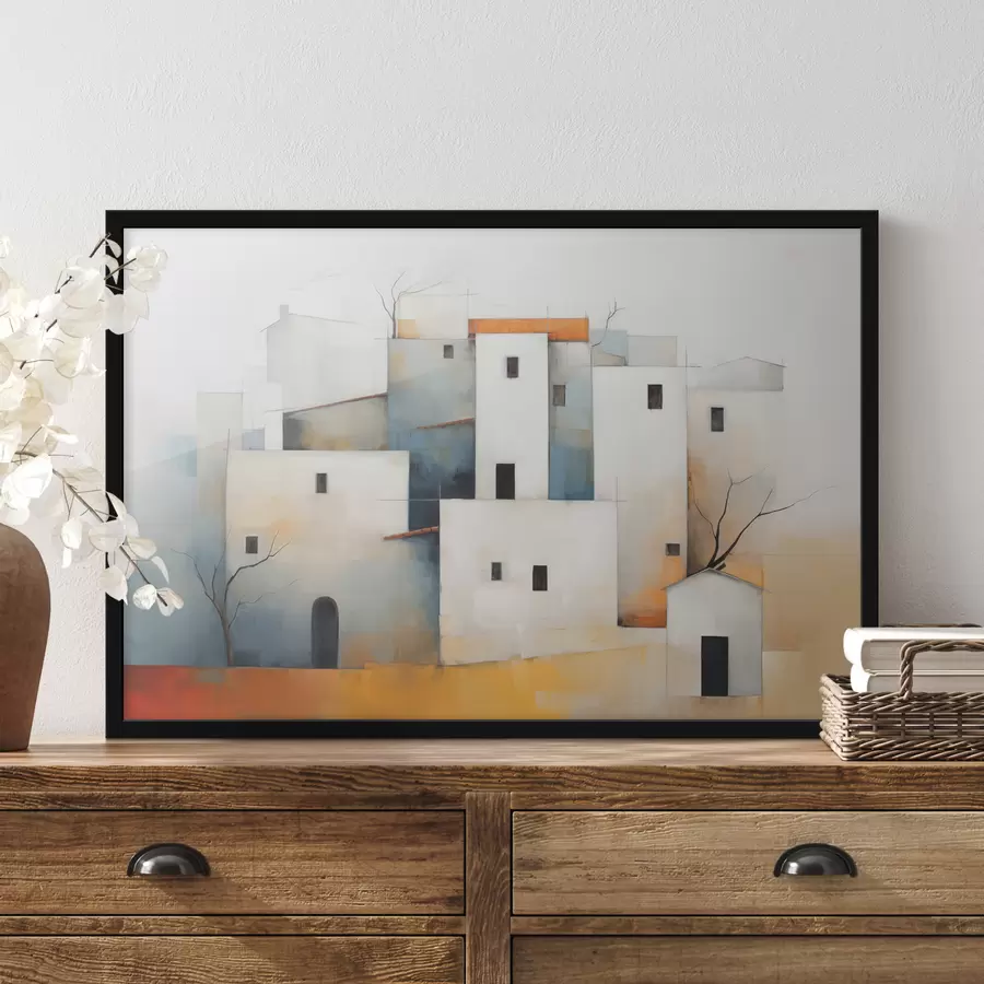 Fototapetes Baltas stilizētas mājas abstraktas, sarkana, oranža, dzeltena, zila krāsa f40531