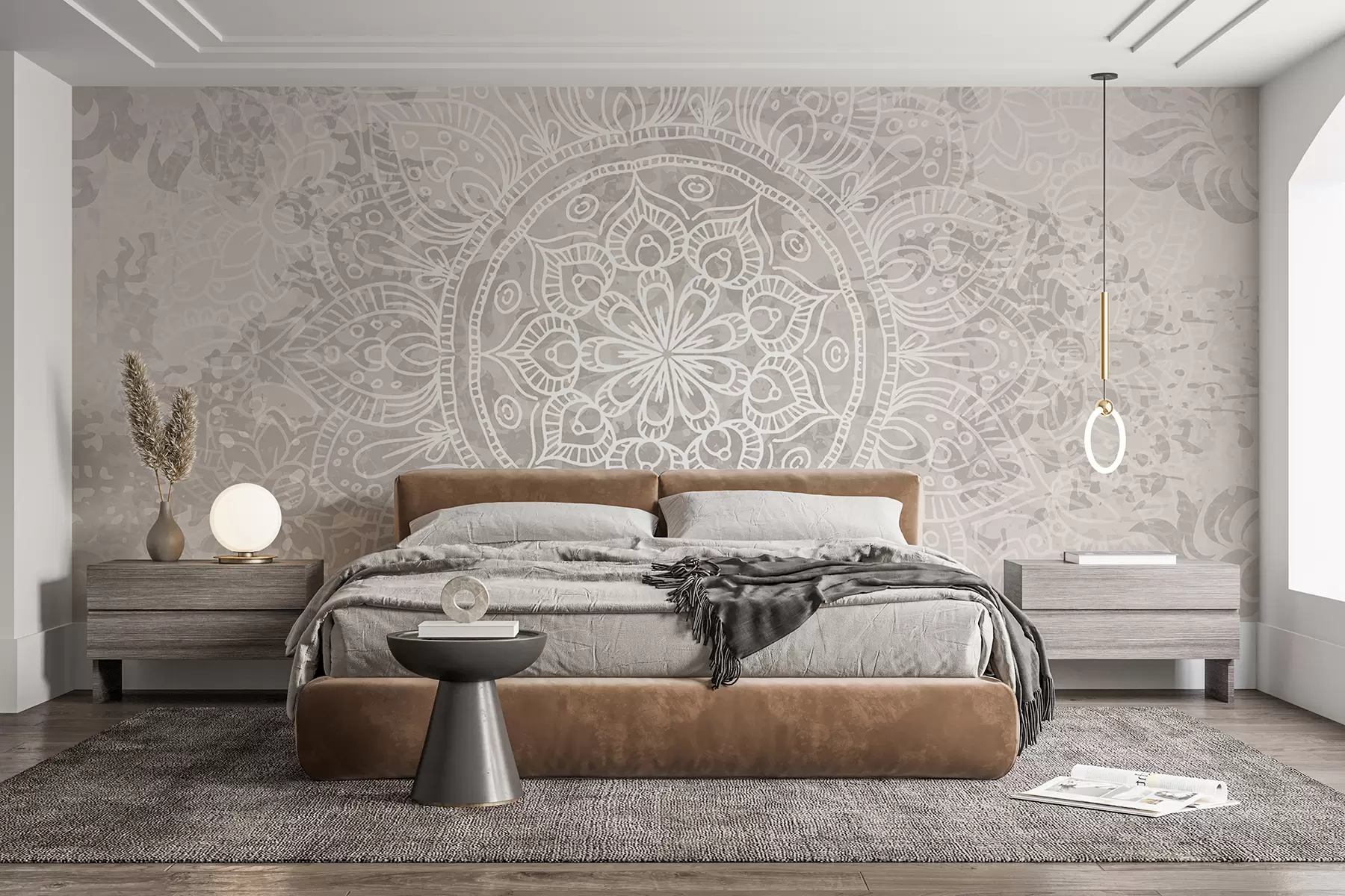 Fototapetes Detalizēts balts mandalas raksts uz gaiši pelēka teksturēta vintage fona w08246
