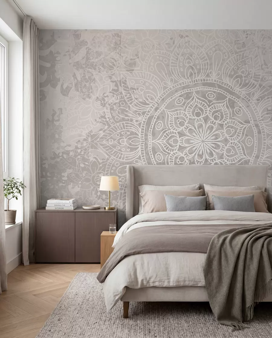 Fototapetes Detalizēts balts mandalas raksts uz gaiši pelēka teksturēta vintage fona w08246