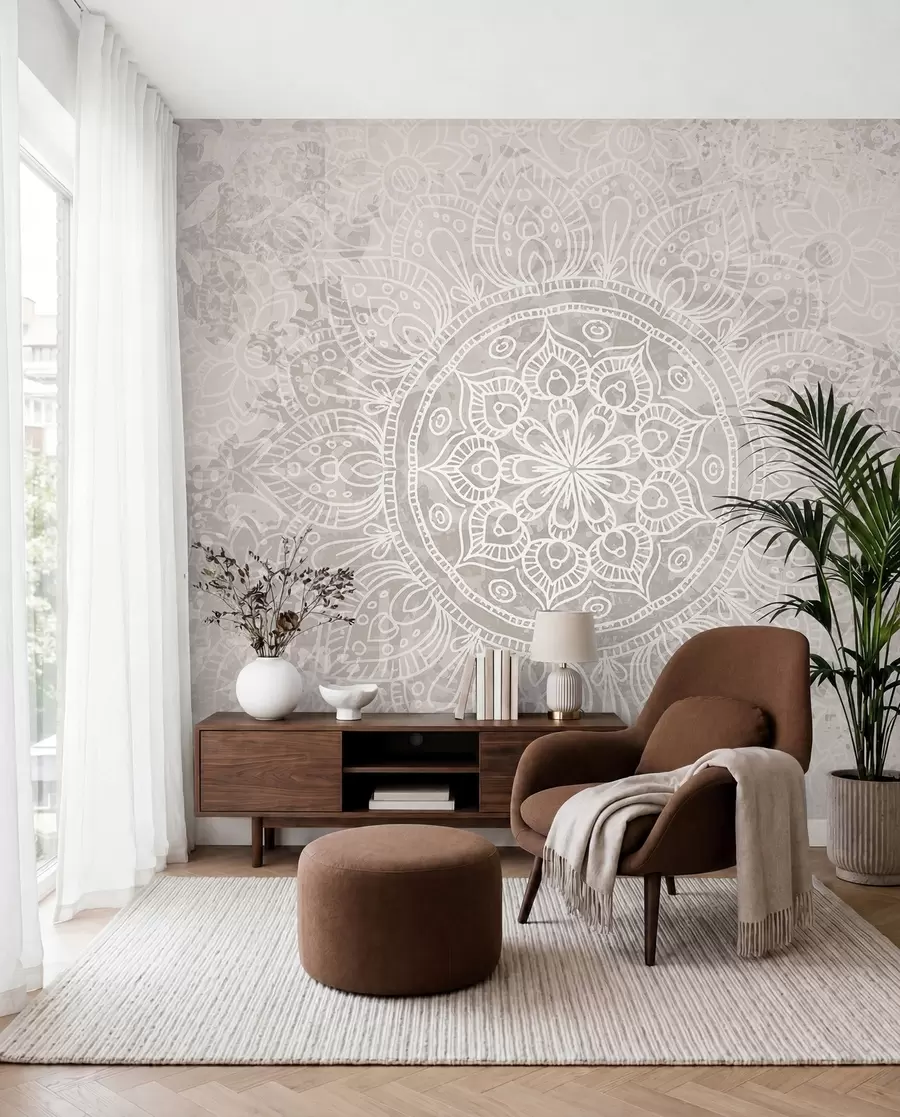 Fototapetes Detalizēts balts mandalas raksts uz gaiši pelēka teksturēta vintage fona w08246