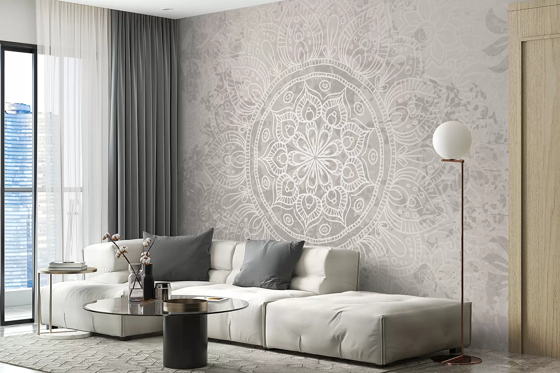Fototapetes Detalizēts balts mandalas raksts uz gaiši pelēka teksturēta vintage fona w08246