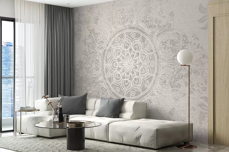 Fototapetes Detalizēts balts mandalas raksts uz gaiši pelēka teksturēta vintage fona w08246
