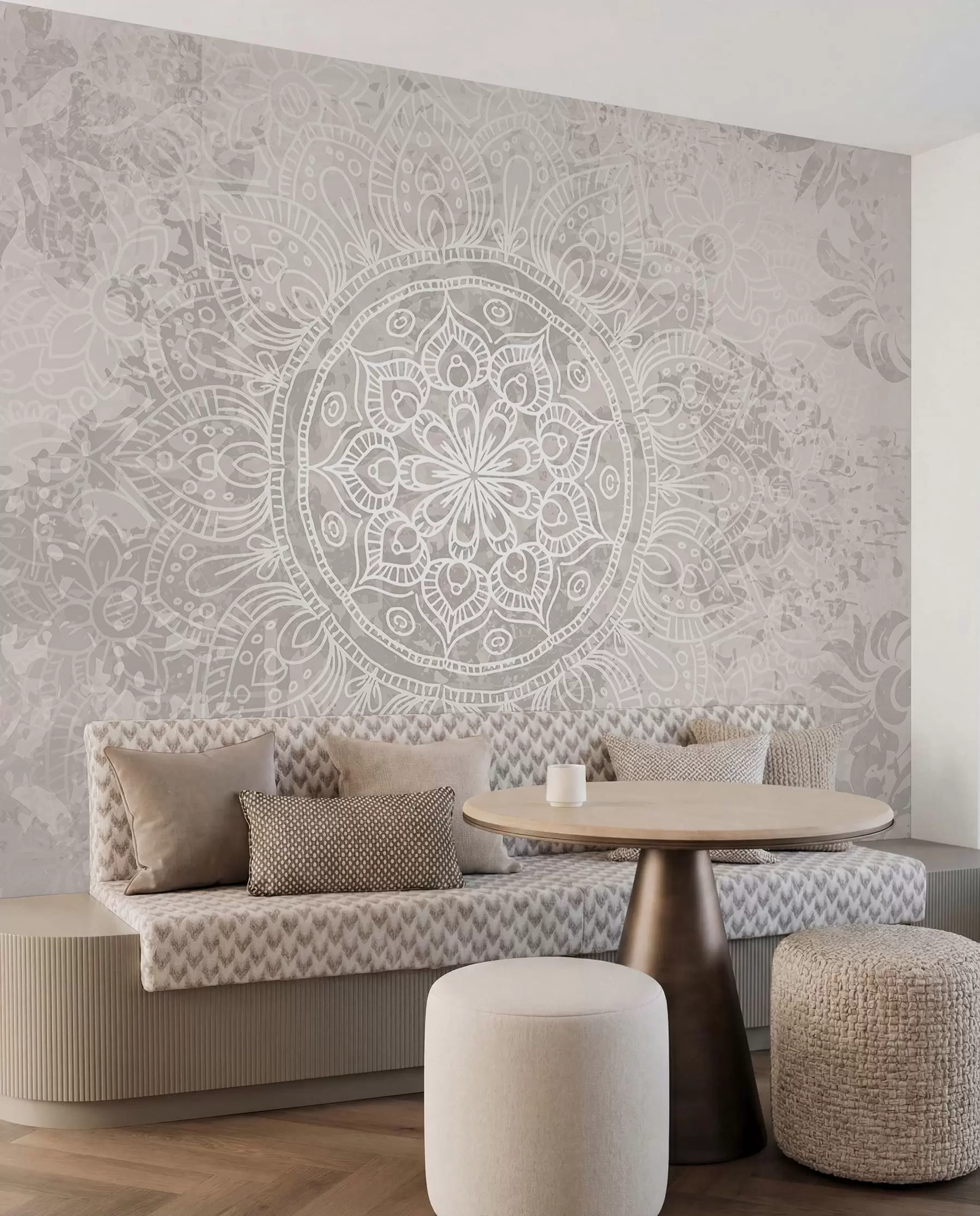 Fototapetes Detalizēts balts mandalas raksts uz gaiši pelēka teksturēta vintage fona w08246