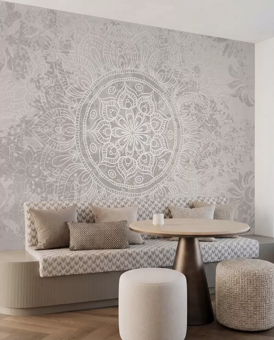 Fototapetes Detalizēts balts mandalas raksts uz gaiši pelēka teksturēta vintage fona w08246