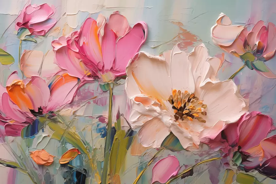 Fototapetes Spilgti rozā ziedi uz gaiši zila pelēka fona w01039