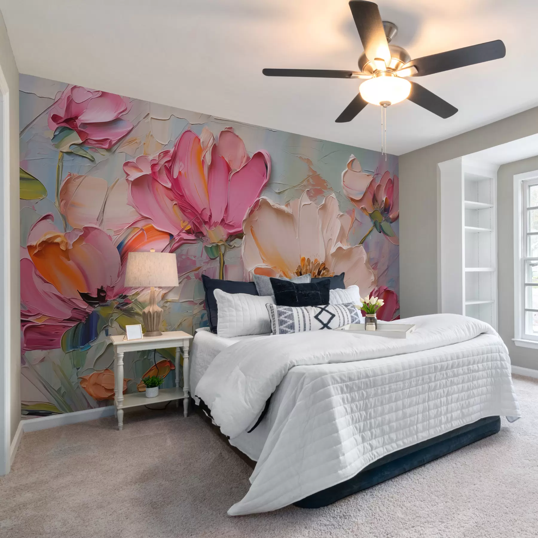 Fototapetes Spilgti rozā ziedi uz gaiši zila pelēka fona w01039