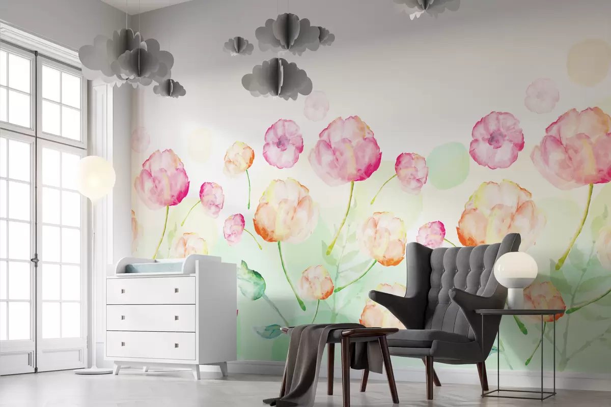 Fototapetes sarkanoranžas un rozā tulpes akvareļa tehnikā uz balta fona ar zaļiem traipiem w01028