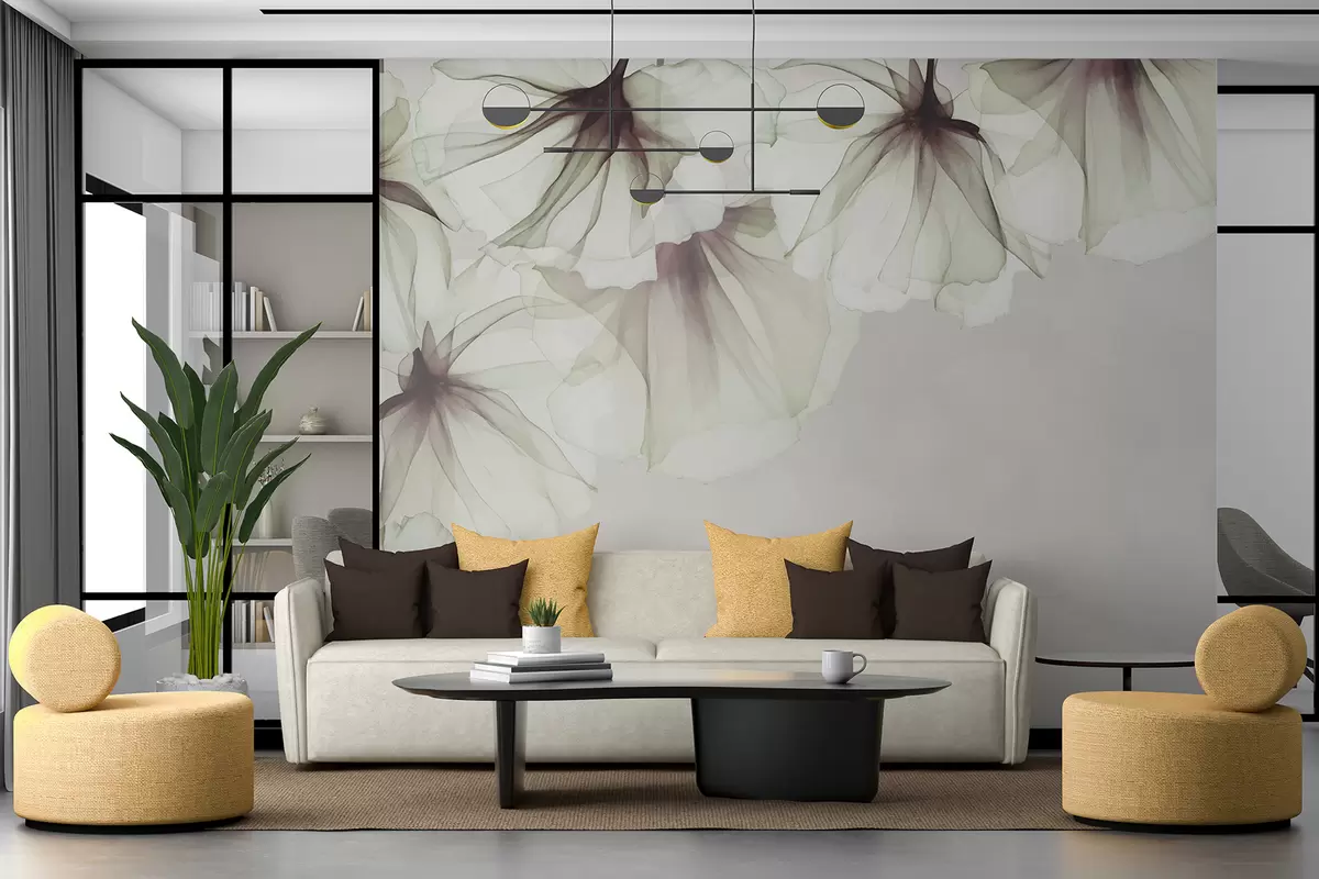 Fototapetes smalki caurspīdīgi ziedi, pelēki ziedi, ziedi virsū w01080v2