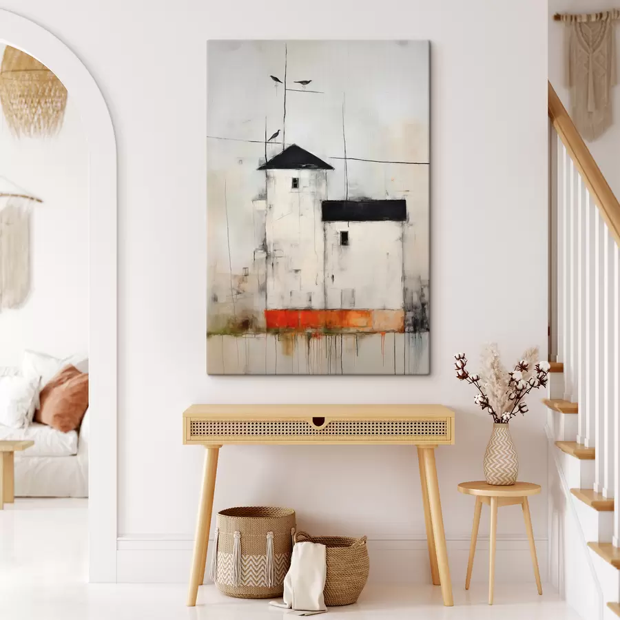 Glezna Abstrakta aina ar putniem un ēku s40685