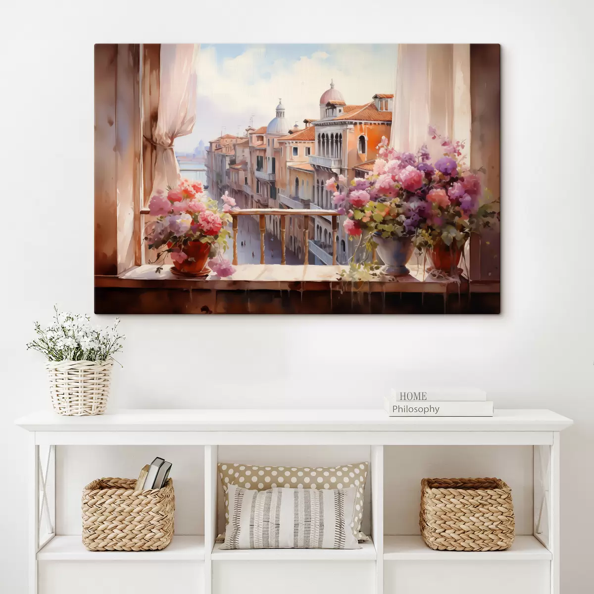 Glezna Ziedi vāzēs ar skatu uz Venēcijas līci akvarelī s40677