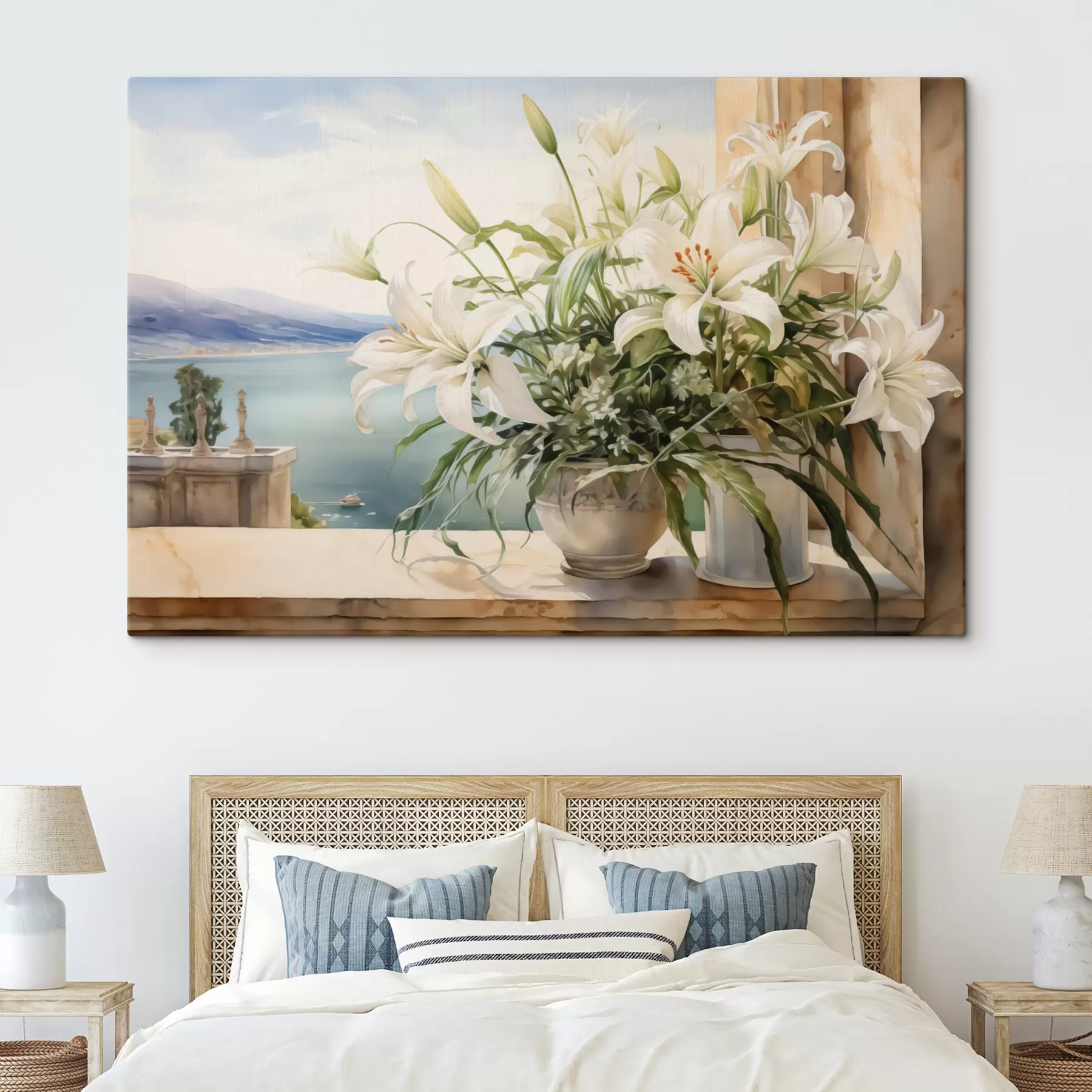Glezna Baltas lilijas vāzē uz balkona ar skatu uz jūru un kalniem akvarelis s40682