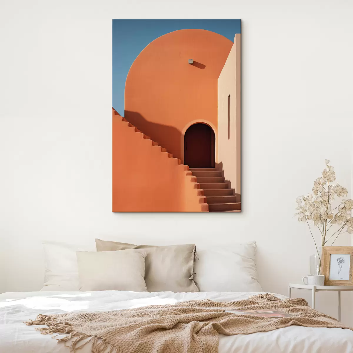 Glezna Minimālisma arhitektūras ēka ar pakāpieniem, zila, oranža krāsa s40724