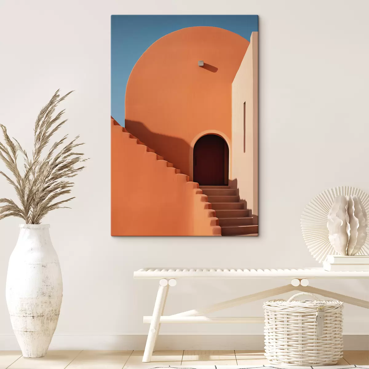 Glezna Minimālisma arhitektūras ēka ar pakāpieniem, zila, oranža krāsa s40724