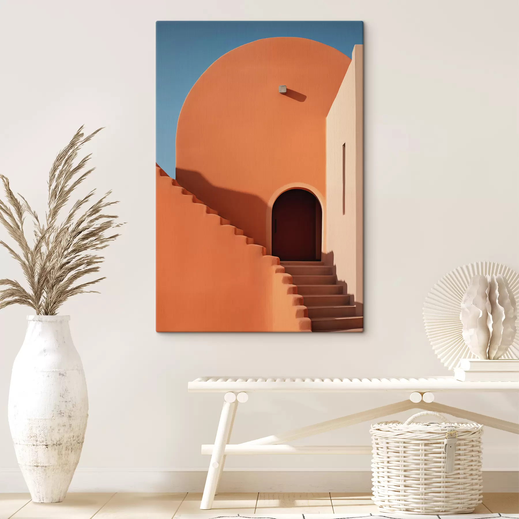 Fototapetes Minimālisma arhitektūras ēka ar pakāpieniem, zila, oranža krāsa s40724