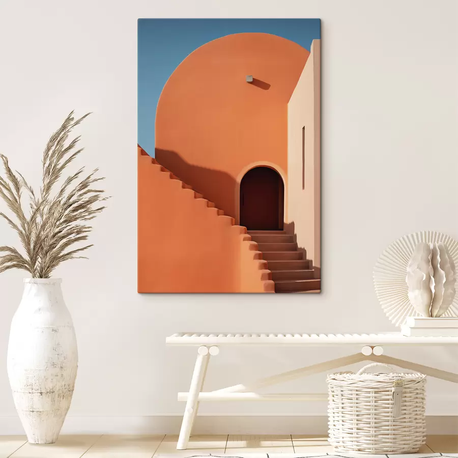 Glezna Minimālisma arhitektūras ēka ar pakāpieniem, zila, oranža krāsa s40724