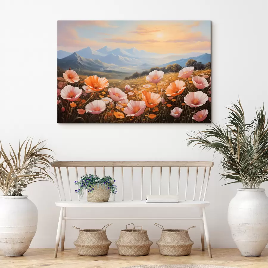 Glezna Magoņu lauks rītausmā ar kalniem fonā s40730