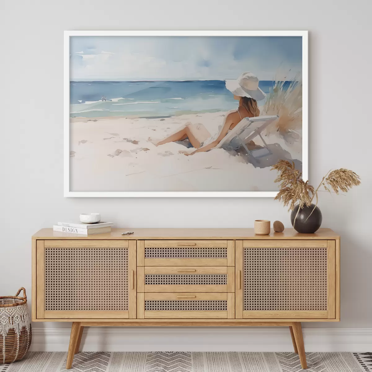 Plakāts Meitene atpūšas pludmalē pie jūras akvarelis f40679