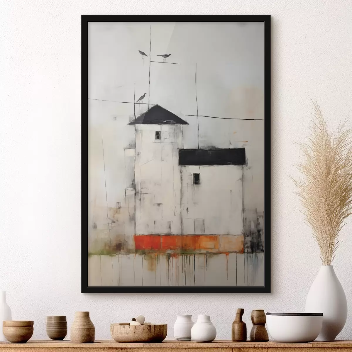 Plakāts Baltas mājas ar melniem jumtiem, krāsotas ar netīrumu skrāpējumu un nobrāzumu tekstūru f40685