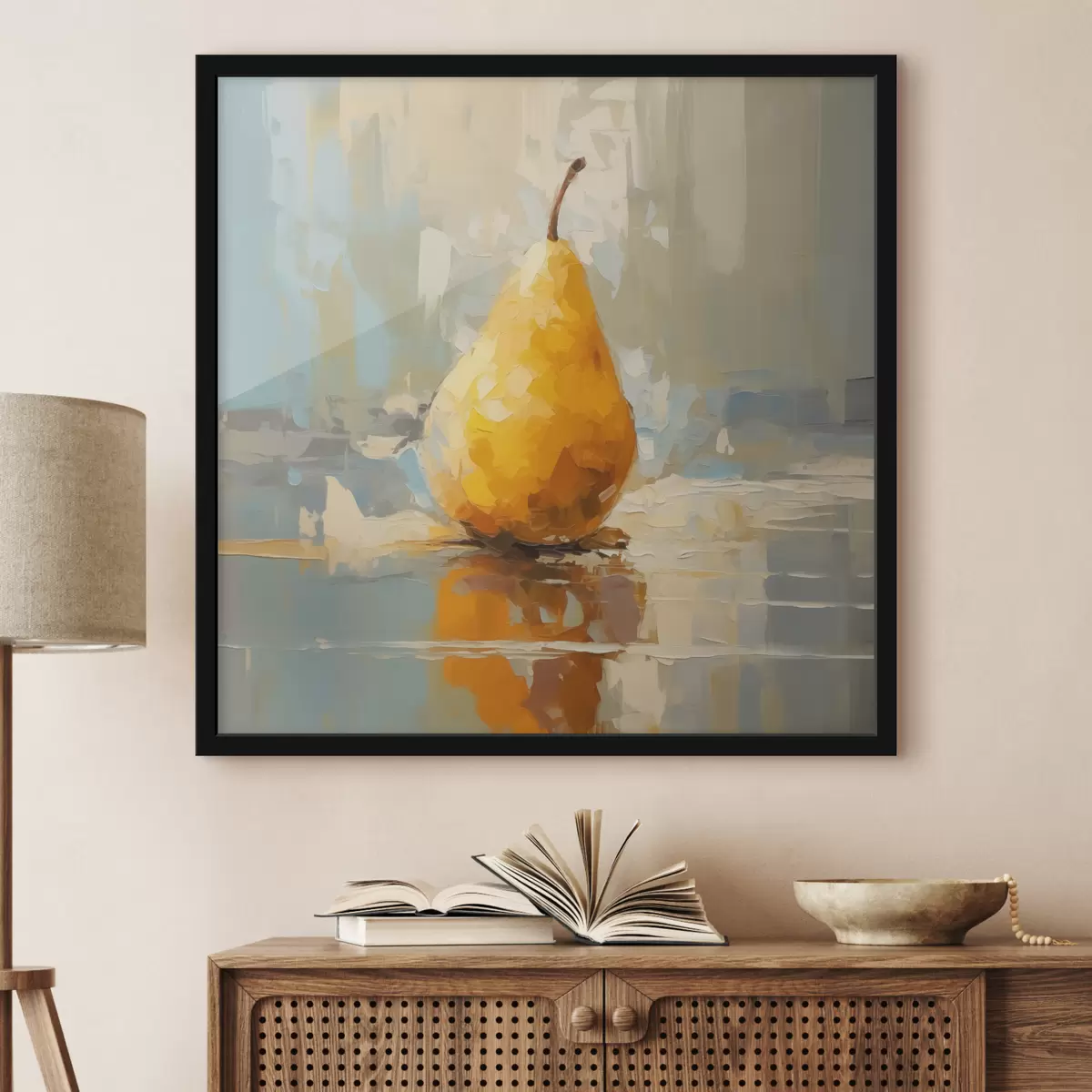 Plakāts Bumbieru uz pasteļtoņa fona, dzeltena, oranža, pelēka krāsa f40690