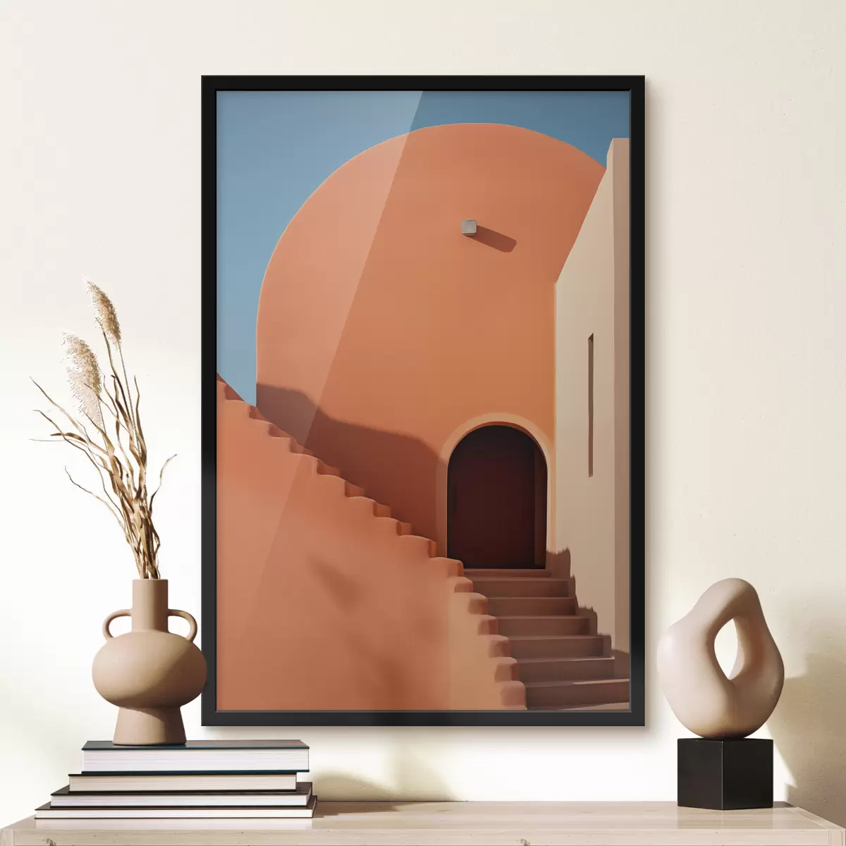 Plakāts Minimālisma arhitektūras ēka ar pakāpieniem, zila, oranža krāsa f40724