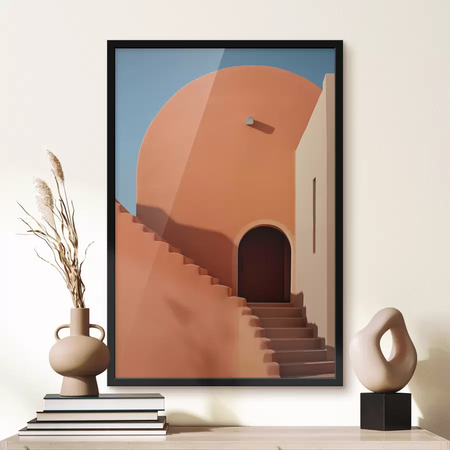 Fototapetes Minimālisma arhitektūras ēka ar pakāpieniem, zila, oranža krāsa f40724