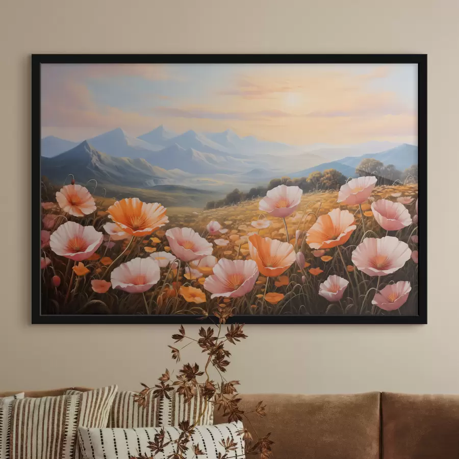 Fototapetes Magoņu lauks rītausmā ar kalniem fonā f40730