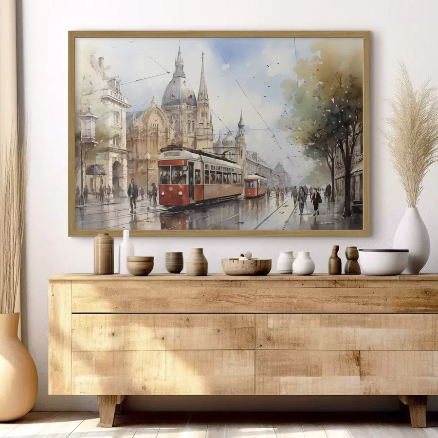 Fototapetes Sarkanais tramvajs uz Vīnes ielas akvarelis f40732