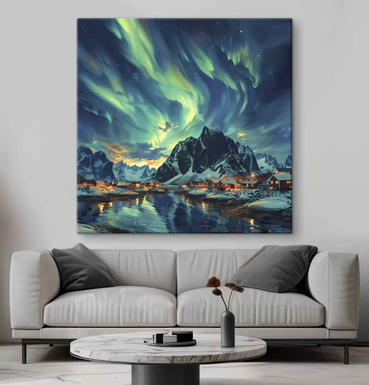 Glezna Lofotu salas, ziemas gaismas, ziemas ciemats s40299