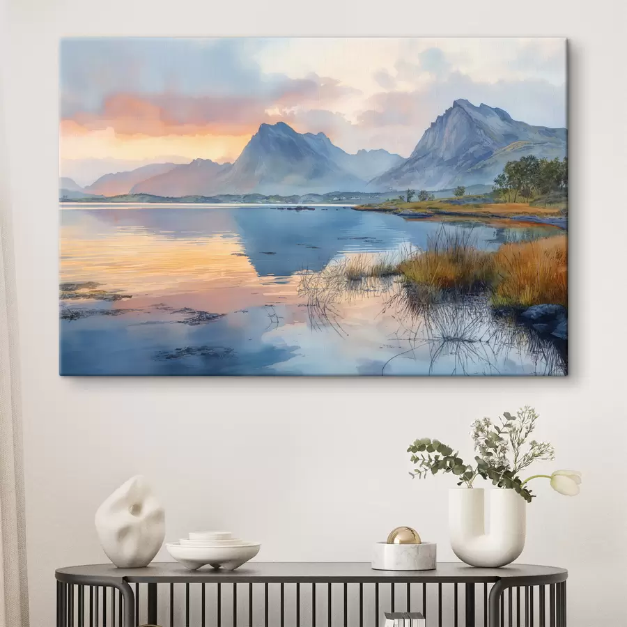Glezna Mierīga upe ar kalniem, saullēkts, maigas krāsas s40307